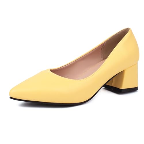 Gicoiz Arbeit Block Schuhe Damen Simple Pointed Toe Schuhe Ohne Verschluss Buro Formal Pumps Hochzeit Geschlossen Mitte Absatz Gelb Gr 40.5 EU-42Cn von Gicoiz