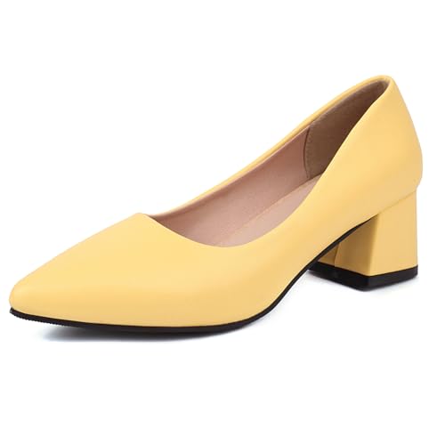 Gicoiz Arbeit Block Schuhe Damen Simple Pointed Toe Schuhe Ohne Verschluss Buro Formal Pumps Hochzeit Geschlossen Mitte Absatz Gelb Gr 40.5 EU-42Cn von Gicoiz