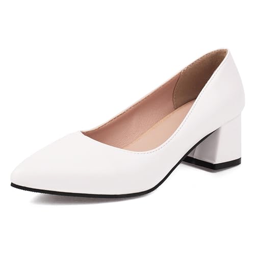 Gicoiz Arbeit Block Schuhe Damen Simple Pointed Toe Schuhe Ohne Verschluss Buro Formal Pumps Hochzeit Geschlossen Mitte Absatz Weiß Gr 39 EU-40Cn von Gicoiz