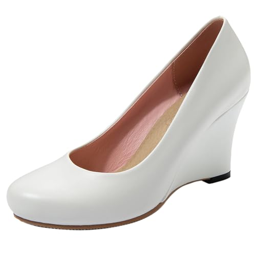 Gicoiz Arbeit Hohen Keilabsatz Damen Simple Pumps Runde Zehen Buro Formal Ohne Verschluss Elegant Abendschuhe Solid Color Weiß Gr 40.5 EU-42Cn von Gicoiz
