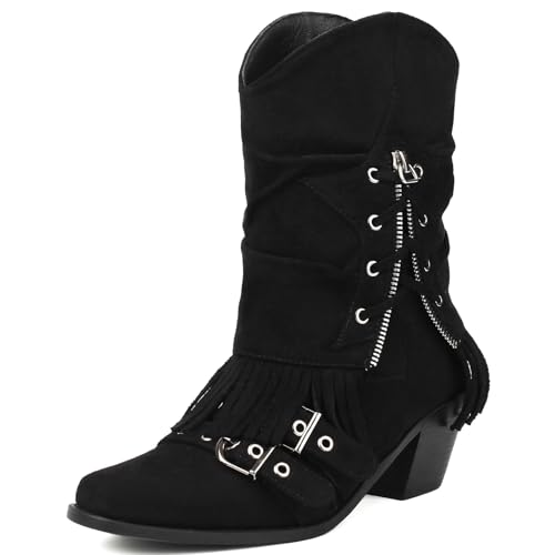Gicoiz Bestickt Cowboy Damen Blockabsatz Hohe Stiefel Ohne Verschluss Vintage Franse Western Chelsea Winter Draußen Stiefeletten Schwarz Gr 37 EU-38Cn von Gicoiz