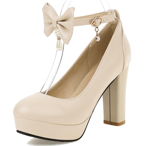Gicoiz Block High Schuhe Damen Plateau Bogen Knöchelriemchen Pumps Runde Zehen Sommer Hochzeit Bride Mode Mary Jane Chunky Beige Gr 39 EU-40Cn von Gicoiz