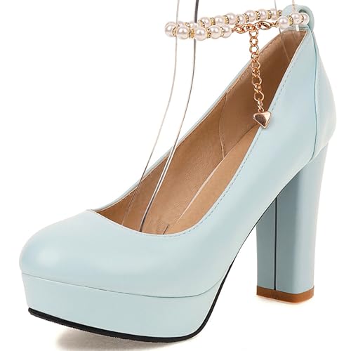 Gicoiz Block High Schuhe Damen Plateau Bogen Knöchelriemchen Pumps Runde Zehen Sommer Hochzeit Bride Mode Mary Jane Chunky Blau Gr 35 EU von Gicoiz