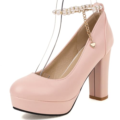 Gicoiz Block High Schuhe Damen Plateau Bogen Knöchelriemchen Pumps Runde Zehen Sommer Hochzeit Bride Mode Mary Jane Chunky Pink Gr 36.5 EU-37Cn von Gicoiz