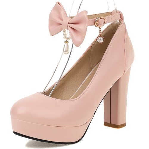 Gicoiz Block High Schuhe Damen Plateau Bogen Knöchelriemchen Pumps Runde Zehen Sommer Hochzeit Bride Mode Mary Jane Chunky Pink Gr 42 EU-44Cn von Gicoiz