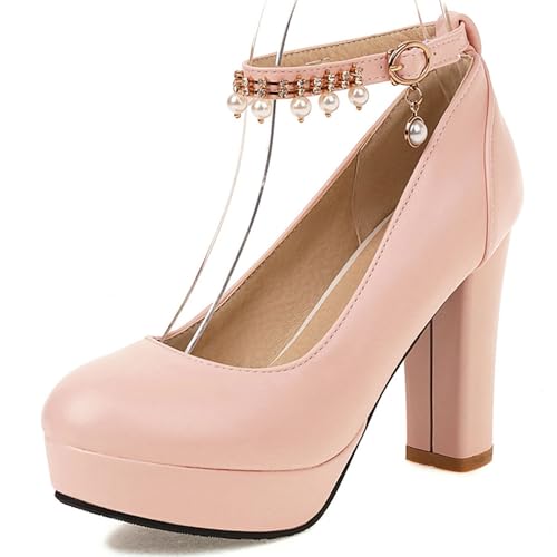 Gicoiz Block High Schuhe Damen Plateau Bogen Knöchelriemchen Pumps Runde Zehen Sommer Hochzeit Bride Mode Mary Jane Chunky Pink Gr 43 EU-45Cn von Gicoiz