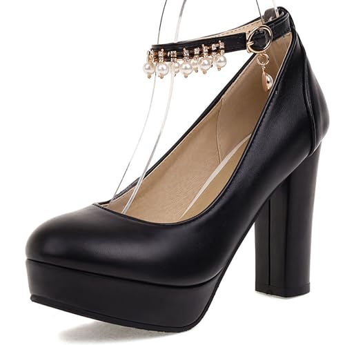 Gicoiz Block High Schuhe Damen Plateau Bogen Knöchelriemchen Pumps Runde Zehen Sommer Hochzeit Bride Mode Mary Jane Chunky Schwarz Gr 39 EU-40Cn von Gicoiz