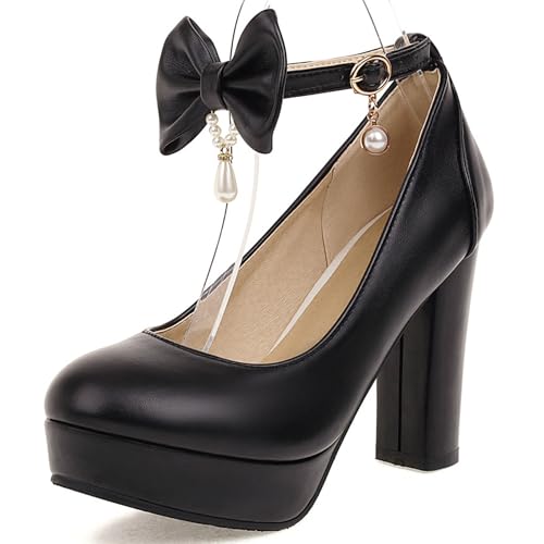 Gicoiz Block High Schuhe Damen Plateau Bogen Knöchelriemchen Pumps Runde Zehen Sommer Hochzeit Bride Mode Mary Jane Chunky Schwarz Gr 40 EU-41Cn von Gicoiz