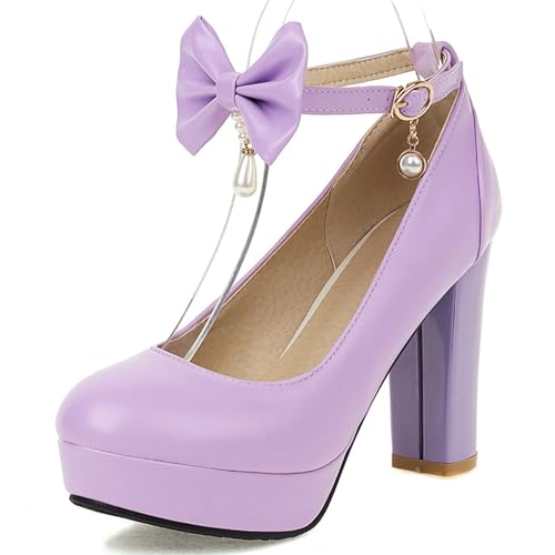 Gicoiz Block High Schuhe Damen Plateau Bogen Knöchelriemchen Pumps Runde Zehen Sommer Hochzeit Bride Mode Mary Jane Chunky Violett Gr 38 EU-39Cn von Gicoiz