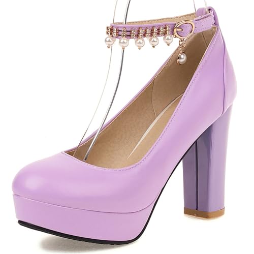 Gicoiz Block High Schuhe Damen Plateau Bogen Knöchelriemchen Pumps Runde Zehen Sommer Hochzeit Bride Mode Mary Jane Chunky Violett Gr 40 EU-41Cn von Gicoiz