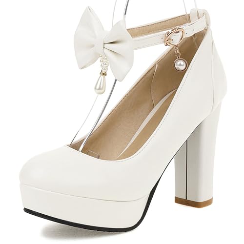 Gicoiz Block High Schuhe Damen Plateau Bogen Knöchelriemchen Pumps Runde Zehen Sommer Hochzeit Bride Mode Mary Jane Chunky Weiß Gr 39 EU-40Cn von Gicoiz
