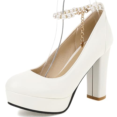 Gicoiz Block High Schuhe Damen Plateau Bogen Knöchelriemchen Pumps Runde Zehen Sommer Hochzeit Bride Mode Mary Jane Chunky Weiß Gr 41 EU-43Cn von Gicoiz