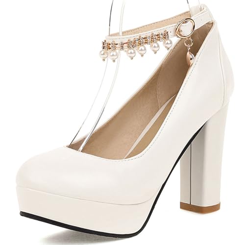 Gicoiz Block High Schuhe Damen Plateau Bogen Knöchelriemchen Pumps Runde Zehen Sommer Hochzeit Bride Mode Mary Jane Chunky Weiß Gr 43 EU-45Cn von Gicoiz