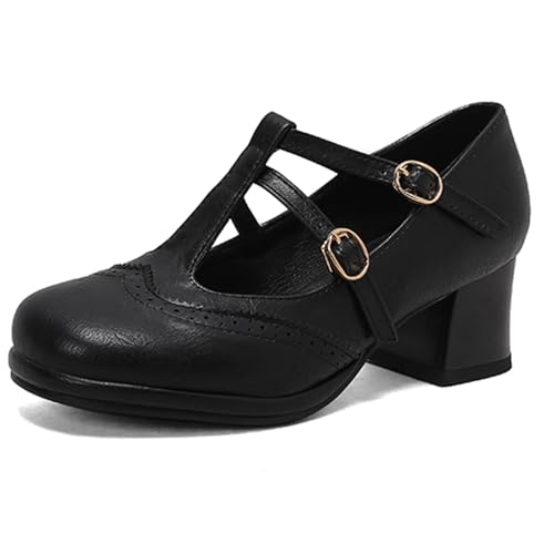 Gicoiz Blockabsatz Mary Jane Damen Runde Zehen Lovely Knöchelriemchen Pumps Comfy T Bar Hochzeit Lovely Plateau Schnalle Pumps Geschlossen Schwarz Gr 7-41 von Gicoiz