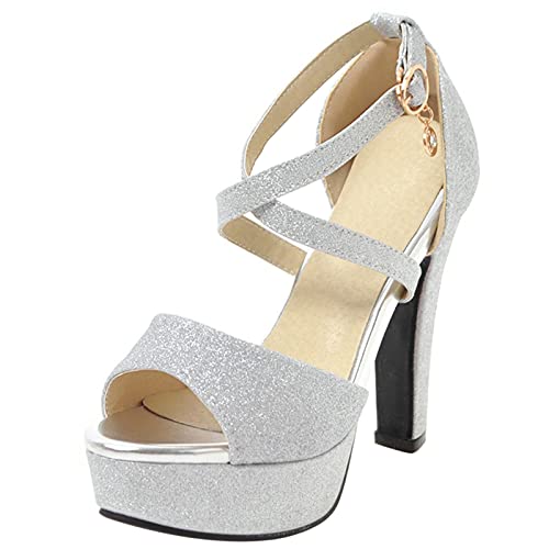 Gicoiz Bride Elegant Peep Toe Höhe Ferse Plateau Sandalen Hochzeit Knöchelriemchen Mode Blockabsatz Strappy Glitzer Schuhe Silber Gr 40 EU-41Cn von Gicoiz