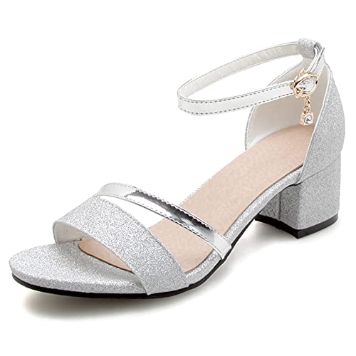 Gicoiz Bride Hochzeit Blockabsatz Pailletten Sandalen Sparkly Basic Knöchelriemchen Party Glitzer Schuhe Mode Mitte Absatz Schuhe Kleid Silber Gr 40 EU-41Cn von Gicoiz