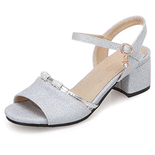 Gicoiz Bride Hochzeit Blockabsatz Pailletten Sandalen Sparkly Basic Knöchelriemchen Party Glitzer Schuhe Mode Mitte Absatz Schuhe Kleid Silber Gr 40 EU-41Cn von Gicoiz