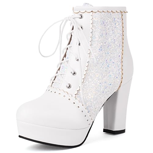 Gicoiz Bride Hochzeit Schnüren Pailletten Blockabsatz Stiefeletten Runde Zehen Winter Party Mode Plateau Military Kleid Stiefeletten Warm Weiß Gr 38 EU-39Cn von Gicoiz