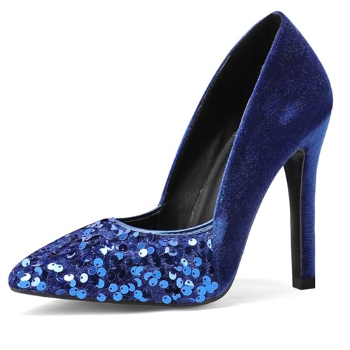 Gicoiz Bride Stiletto Pump Hochzeit Pailletten Pump Pointed Toe Damen Party Elegant Höhe Ferse Geschlossen Schuhe Formal Kleid Blau Gr 40.5 EU-42Cn von Gicoiz