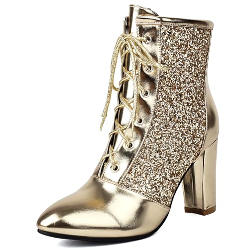 Gicoiz Bride Winter Warm Pointed Toe Elegant Pailletten Stiefeletten Hochzeit Mode Hohen Blockabsatz Stiefel Military Biker Stiefeletten Kleid Gold Gr 39 EU-40Cn von Gicoiz
