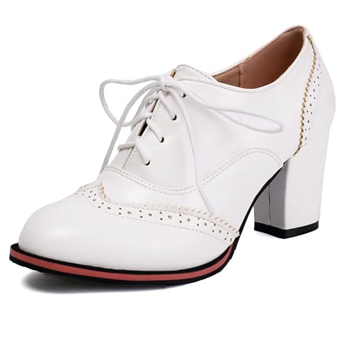 Gicoiz Brogue Oxford Arbeit Schuhe Damen Blockabsatz Schnüren Pumps Chunky Business Buro Formal Runde Zehen Derby Retro Weiß Gr 40 EU-41Cn von Gicoiz