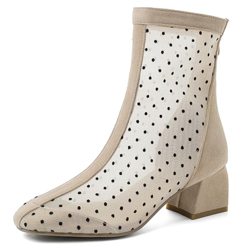 Gicoiz Buro Chelsea Damen Sommer Square Toe Stiefeletten Zip Abend Blockabsatz Elegant Mesh Stiefeletten Hochzeit Formal Aprikose Gr 34 EU von Gicoiz