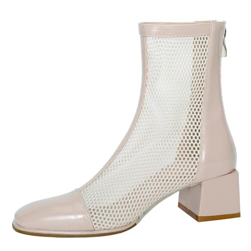 Gicoiz Buro Chelsea Damen Sommer Square Toe Stiefeletten Zip Abend Blockabsatz Elegant Mesh Stiefeletten Hochzeit Formal Aprikose Gr 34 EU von Gicoiz