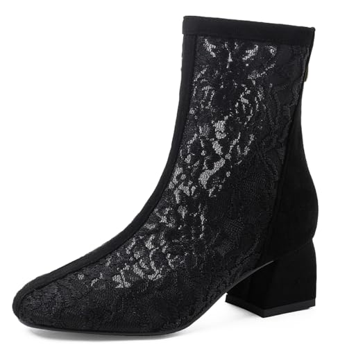 Gicoiz Buro Chelsea Damen Sommer Square Toe Stiefeletten Zip Abend Blockabsatz Elegant Mesh Stiefeletten Hochzeit Formal Schwarz Gr 33 EU von Gicoiz