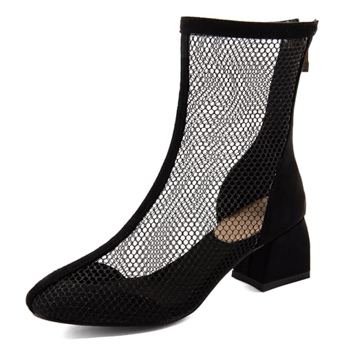 Gicoiz Buro Chelsea Damen Sommer Square Toe Stiefeletten Zip Abend Blockabsatz Elegant Mesh Stiefeletten Hochzeit Formal Schwarz Gr 33 EU von Gicoiz
