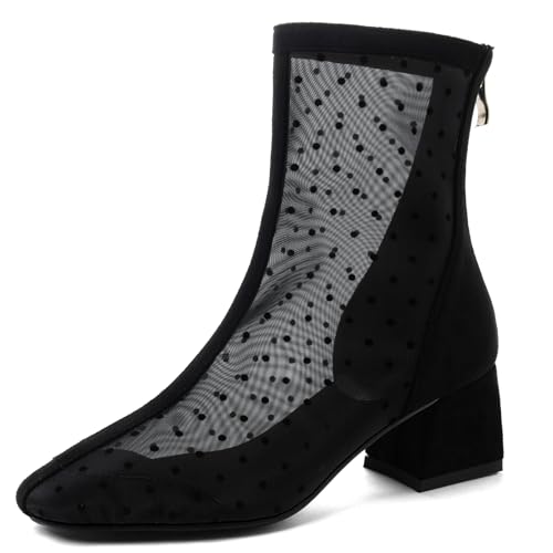 Gicoiz Buro Chelsea Damen Sommer Square Toe Stiefeletten Zip Abend Blockabsatz Elegant Mesh Stiefeletten Hochzeit Formal Schwarz Gr 35 EU von Gicoiz