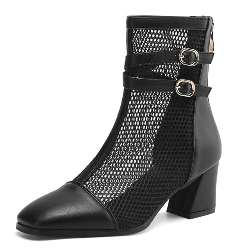Gicoiz Buro Chelsea Damen Sommer Square Toe Stiefeletten Zip Abend Blockabsatz Elegant Mesh Stiefeletten Hochzeit Formal Schwarz-P Gr 33 EU von Gicoiz