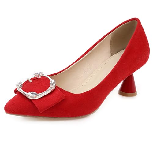 Gicoiz Buro Kitten Schuhe Damen Pointed Toe Pump Schnalle Sommer Mode Ohne Verschluss Arbeit Formal Geschlossen Niedrige Fersenpumpe Rot Gr 46 EU-48Cn von Gicoiz