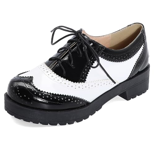 Gicoiz Buro Schnüren Oxford Damen Runde Zehen Derby Brogue Mitte Blockabsatz Pumps Arbeit Formal Plateau Schuhe Weiß Gr 37 EU-38Cn von Gicoiz