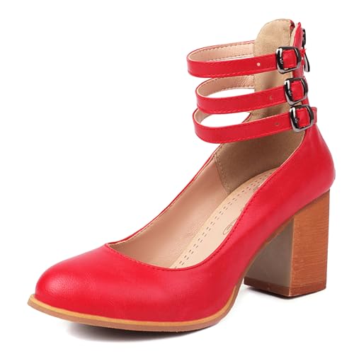 Gicoiz Chunky Schuhe Damen Knöchelriemchen Runde Zehen Pump Zip Gladiator Romisch Pumps Sommer Schnalle Höhe Ferse Rot Gr 40.5 EU-42Cn von Gicoiz
