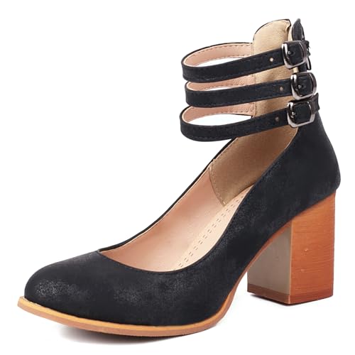 Gicoiz Chunky Schuhe Damen Knöchelriemchen Runde Zehen Pump Zip Gladiator Romisch Pumps Sommer Schnalle Höhe Ferse Schwarz Gr 45 EU-47Cn von Gicoiz