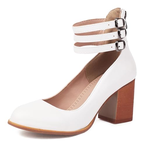 Gicoiz Chunky Schuhe Damen Knöchelriemchen Runde Zehen Pump Zip Gladiator Romisch Pumps Sommer Schnalle Höhe Ferse Weiß Gr 33 EU von Gicoiz