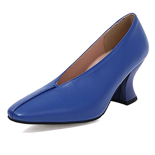 Gicoiz Damen Block Louis- XV Absatz Pointed Toe Buro Arbeit Pump Ohne Verschluss Business Formal Loafer Pantoffeln Abend Hohen Blockabsatz Schuhe Blau Gr 37 EU-38Cn von Gicoiz