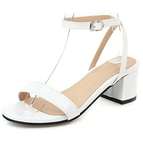 Gicoiz Damen Blockabsatz Komfort Offene Zeh Sommer Sandale Leisure Knöchelriemchen Hochzeit Party Weit Fit Lack Sandalen Bride Weiß Gr 35 EU von Gicoiz