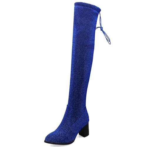 Gicoiz Damen Blockabsatz Overknees Pointed Toe Reitstiefel Chunky Stretch Thigh High Winter Hochzeit Elegant Glitzer Overknees Stiefel Blau Gr 42 EU-44Cn von Gicoiz
