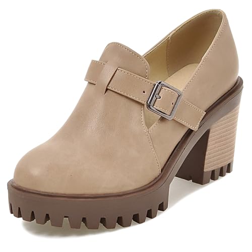 Gicoiz Damen Chunky Heels Plateau Klassische Mary Jane Komfort Runde Zehen Mode Blockabsatz Buro Arbeit Schuhe Aprikose Gr 40 EU-41Cn von Gicoiz