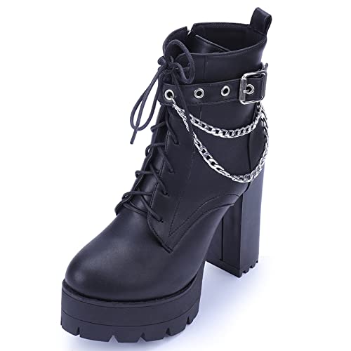 Gicoiz Damen Chunky Höhe Ferse Stiefel Stylish Military Motorradstiefel Plateau Chelsea Runde Zehen Winter Leisure Ketten Chukka Ankle Stiefeletten Schnalle Schwarz Gr 42 EU-44Cn von Gicoiz