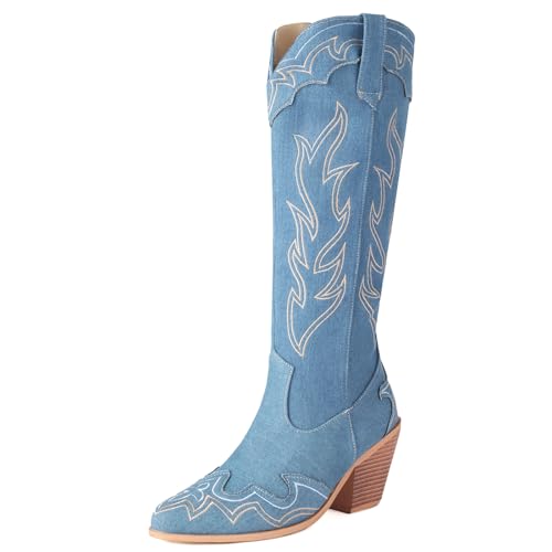 Gicoiz Damen Draußen Knee High Klassische Cowboystiefel Embroidery Leisure Pointed Toe Winter Blockabsatz Stiefel Warm Western Stiefeletten Blau Gr 42 EU-44Cn von Gicoiz