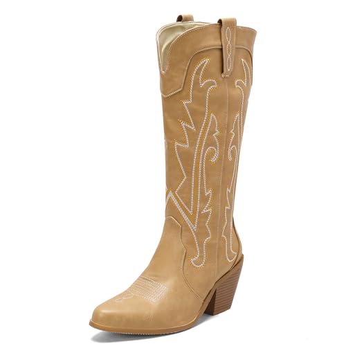 Gicoiz Damen Draußen Knee High Klassische Cowboystiefel Embroidery Leisure Pointed Toe Winter Blockabsatz Stiefel Warm Western Stiefeletten Gelb Gr 45 EU-47Cn von Gicoiz