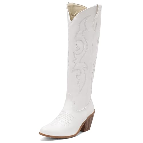 Gicoiz Damen Draußen Knee High Klassische Cowboystiefel Embroidery Leisure Pointed Toe Winter Blockabsatz Stiefel Warm Western Stiefeletten Weiß Gr 45 EU-47Cn von Gicoiz