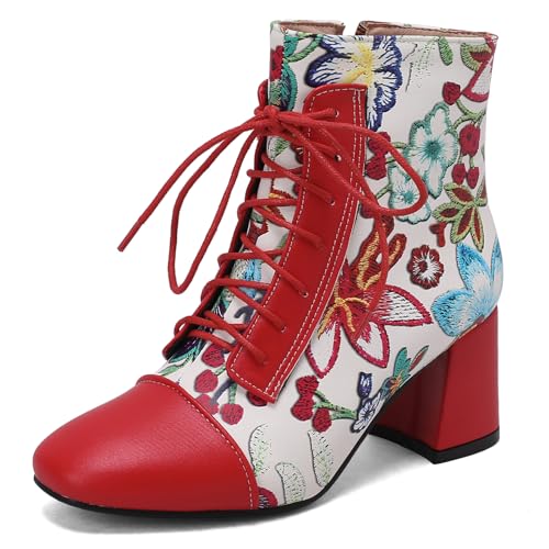 Gicoiz Damen Elegant Blumen Chelsea Stiefeletten Blockabsatz Winter Mode Square Toe Schnüren Biker Stiefeletten Bride Warm Abendschuhe Rot Gr 40 EU-41Cn von Gicoiz