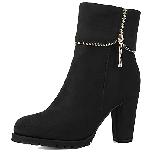 Gicoiz Damen Elegant Hohen Blockabsatz Knöchelbündchen Chelsea Stiefel Runde Zehen Winter Warm Wildleder Buro Arbeit Party Formal Stiefeletten Schwarz Gr 39 EU-40Cn von Gicoiz