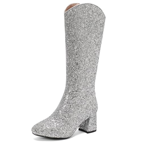 Gicoiz Damen Elegant Knee High Warm Blockabsatz Hochzeit Shiny Stiefel Runde Zehen Bride Mode Party Runde Zehen Reitstiefel Zip Silber Gr 43 EU-45Cn von Gicoiz