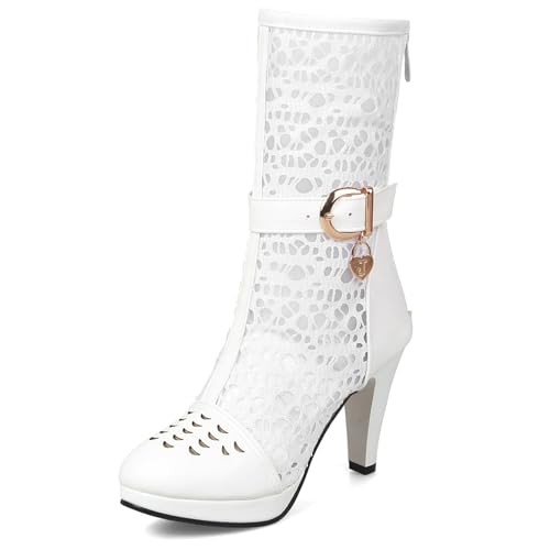 Gicoiz Damen Elegant Runde Zehen Halbschaft Sommer Mesh Stiefel Hochzeit Mittelhohe Stiefel Mode Plateau Zip Riding Stiefeletten Weiß Gr 40.5 EU-42Cn von Gicoiz
