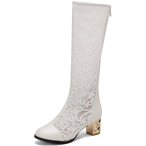 Gicoiz Damen Elegant Sommer Knee High Spitze Stiefel Bride Hochzeit Runde Zehen Blockabsatz Stiefel Mode Zip Reitstiefel Ösen Weiß Gr 43 EU-45Cn von Gicoiz