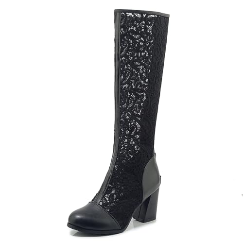 Gicoiz Damen Elegant Sommer Runde Zehen Knee High Mesh Stiefel Abend Formal Blockabsatz Zip Mode Hochzeit Booty Spitze Schwarz/P Gr 40.5 EU-42Cn von Gicoiz